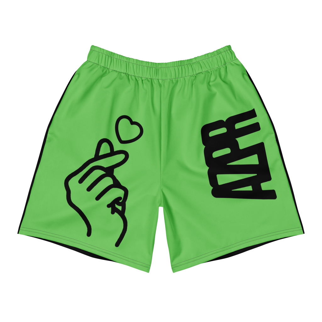 Bright green athletic shorts with black side stripes, a black heart-and-hand graphic on the left leg, and bold black 'AZPR' lettering on the right leg, shown on a plain white background.