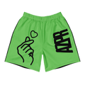 Bright green athletic shorts with black side stripes, a black heart-and-hand graphic on the left leg, and bold black 'AZPR' lettering on the right leg, shown on a plain white background.