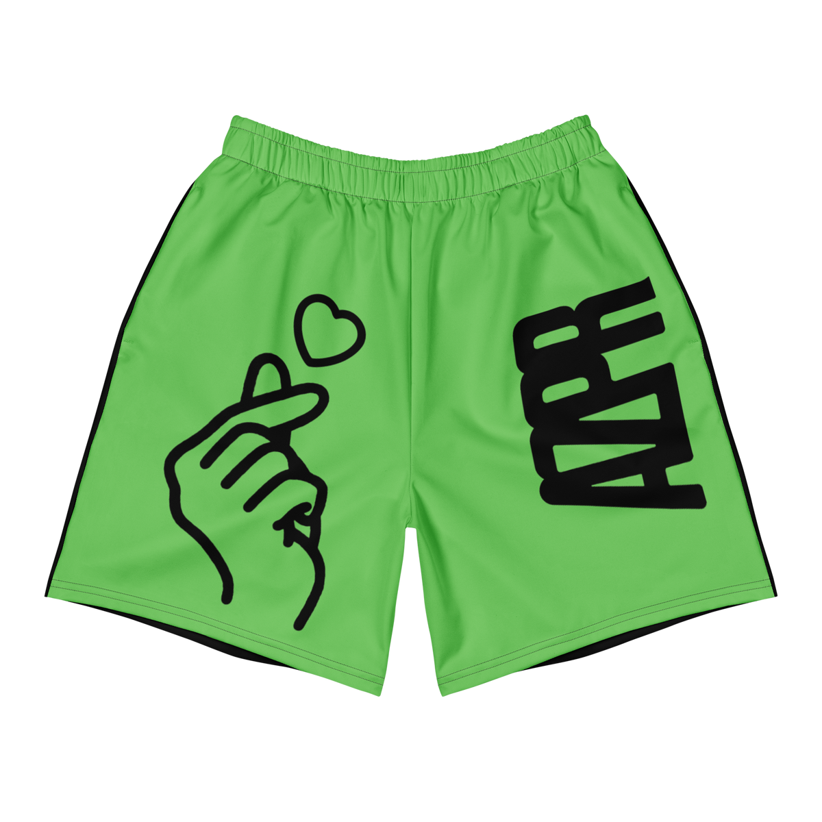 Bright green athletic shorts with black side stripes, a black heart-and-hand graphic on the left leg, and bold black 'AZPR' lettering on the right leg, shown on a plain white background.