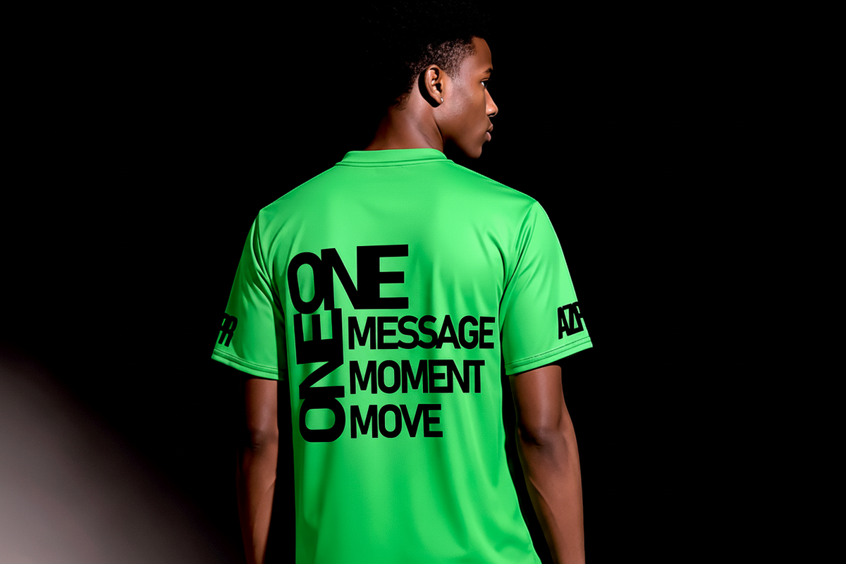 A man shown from the back wearing a bright neon green athletic t-shirt with bold black text on the back reading 'ONE MESSAGE MOMENT MOVE'. The background is solid black.