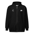 A black full-zip AZPR hoodie with a white line-art graphic on the left chest and a white 'AZPR' logo on the right chest, displayed on a solid white background.