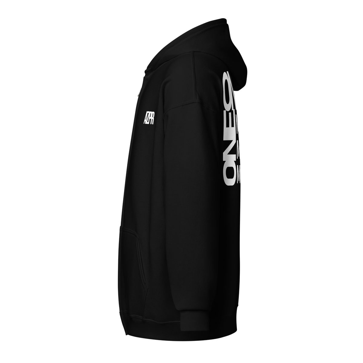 A black AZPR hoodie shown from the side profile, featuring bold white text printed vertically on the back.