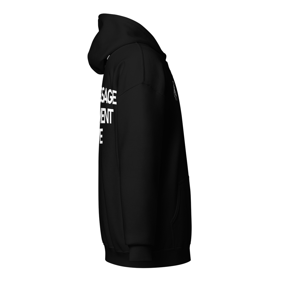 A black AZPR hoodie shown from the side profile, featuring bold white text printed vertically on the back.